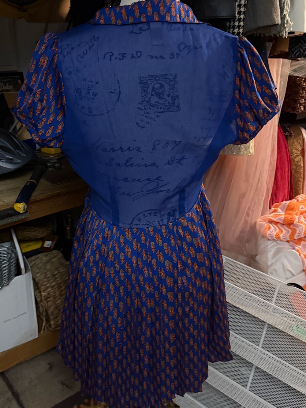 Blue Mini Dress with Orange Motif - Picture 3 of 5